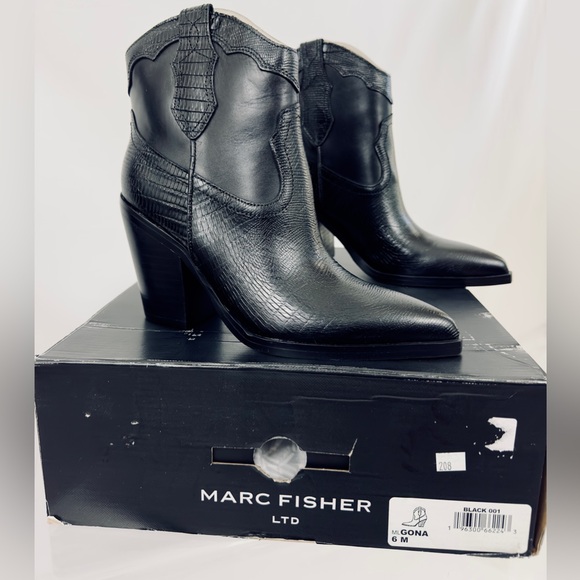 Marc Fisher LTD Black Embossed Gona Leather Pull on Western Boot Pointy … - Picture 2 of 15